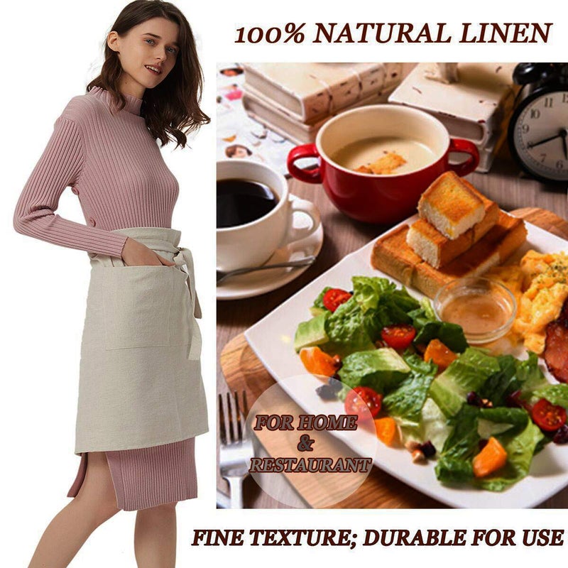 Cityelf Linen Server Apron Cotton Bistro Half Apron with Large Pockets Waist Kitchen Apron for Cooking Waitress - Image 5